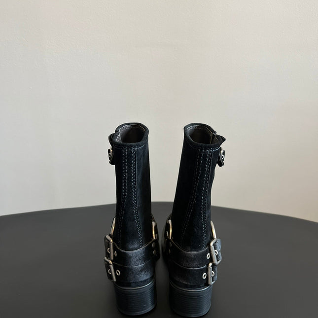 MIUMIU 26S MID-CALF BOOTS IN BLACK SUEDE SILVER HARDWARE