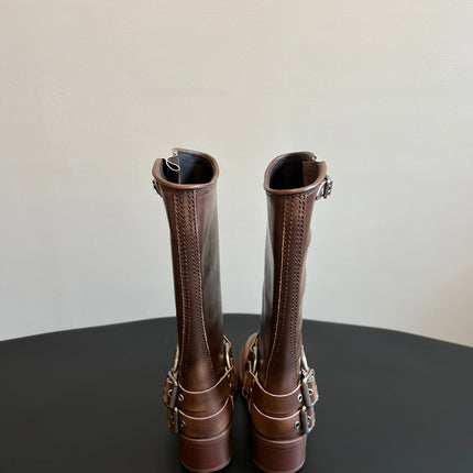 MIUMIU 26S KNEE-HIGH BOOTS IN BROWN CALFSKIN SILVER HARDWARE