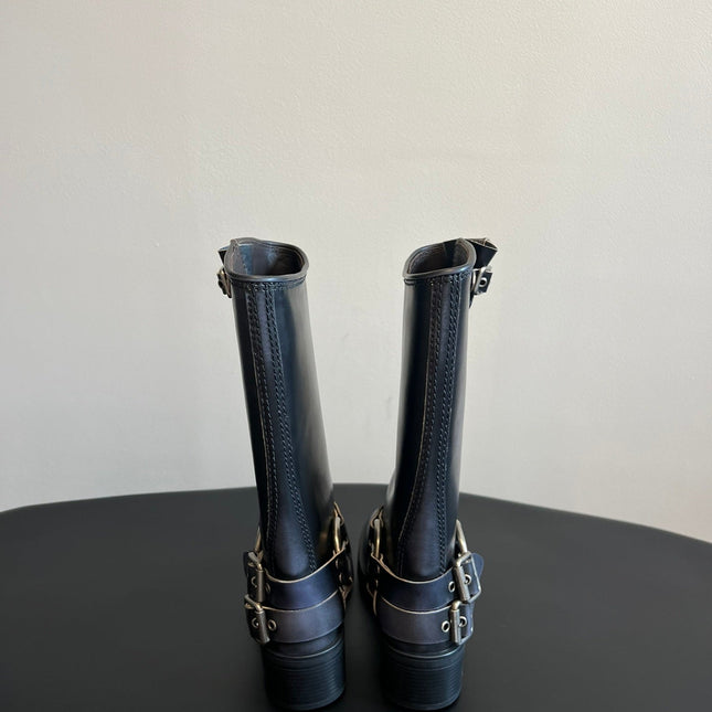 MIUMIU 26S KNEE-HIGH BOOTS IN BLACK CALFSKIN SILVER HARDWARE