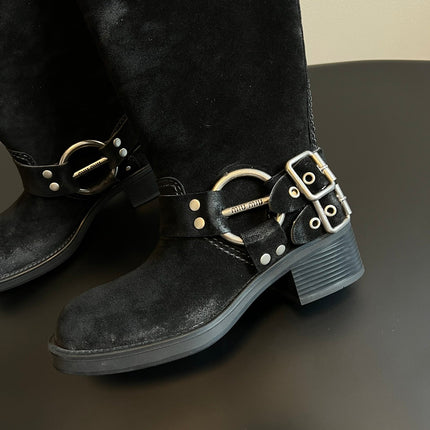 MIUMIU 26S KNEE-HIGH BOOTS IN BLACK SUEDE SILVER HARDWARE