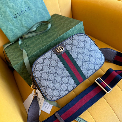 GG OPHIDIA SMALL 24 IN BEIGE CANVAS AND BROWN CALFSKIN