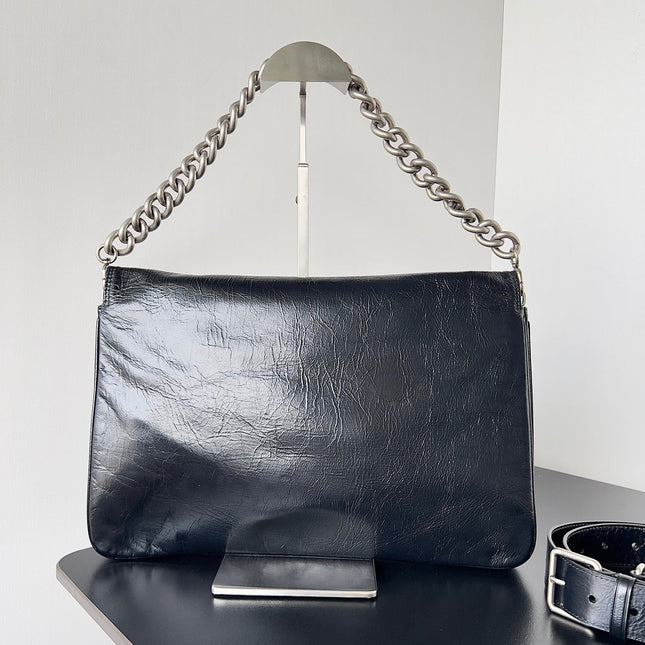 BB SOFT FLAP BAG 36 IN BLACK PEACH CALFSKIN SILVER HARDWARE