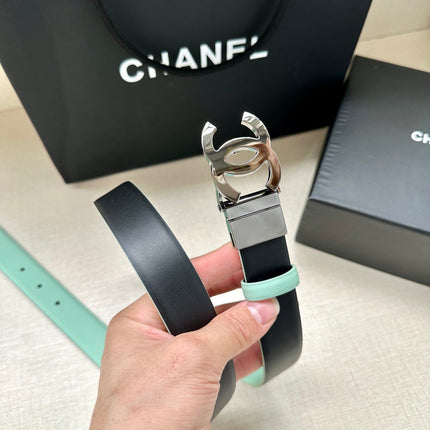 CC 30MM BELT IN GREEN MINT AND BLACK CALFSKIN WITH SILVER HARDWARE
