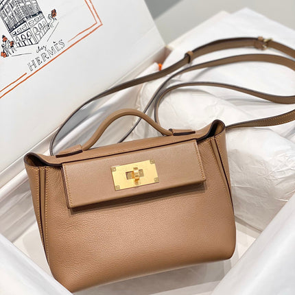 MINI 24/24 21CM IN BEIGE MARFA EVERCOLOR CALFSKIN GOLD KELLY BUCKLE