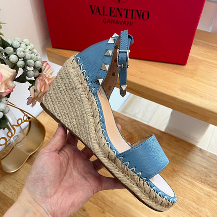 VALENTINO 26S WEDGE SANDALS IN BLUE CALFSKIN