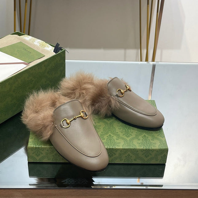 HORSEBIT MULE IN PEANUT BROWN CALFSKIN AND LAMB WOOL LINING