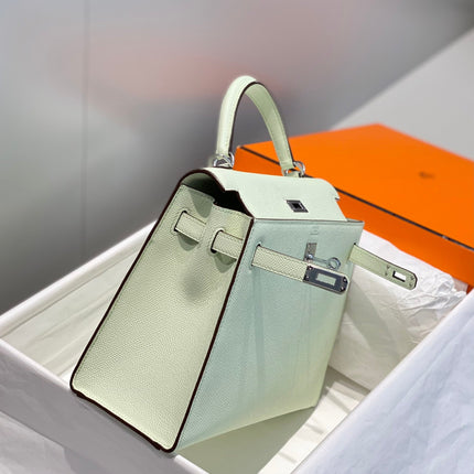 KELLY 25CM IN VERT FIZZ SWIFT CALFSKIN SILVER HARDWARE