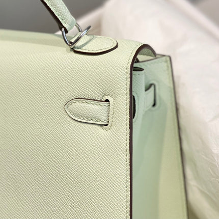 KELLY 25CM IN VERT FIZZ SWIFT CALFSKIN SILVER HARDWARE