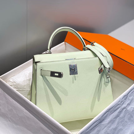 KELLY 28CM IN VERT FIZZ SWIFT CALFSKIN SILVER HARDWARE