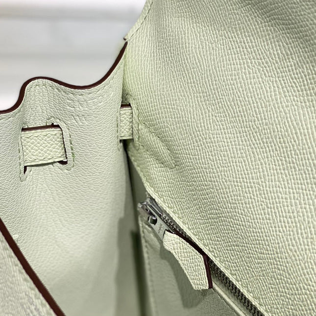 KELLY 28CM IN VERT FIZZ SWIFT CALFSKIN SILVER HARDWARE