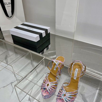 AQUAZZURA 26S HEELED SANDALS 130 MM IN MULTICOLOR SNAKE-EMBOSSED LEATHER