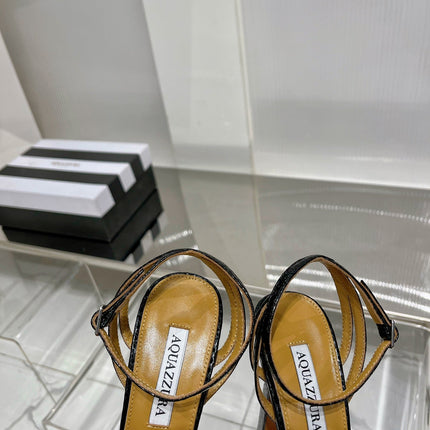 AQUAZZURA 26S HEELED SANDALS 130 MM IN BLACK SNAKE-EMBOSSED LEATHER