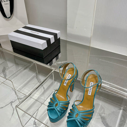 AQUAZZURA 26S HEELED SANDALS 130 MM IN TEAL BLUE SATIN