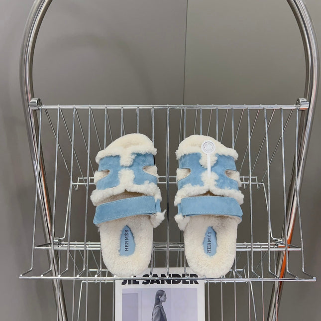 HM 26S SANDAL IN CREAM WHITE WOOL AND BLUE SUEDE