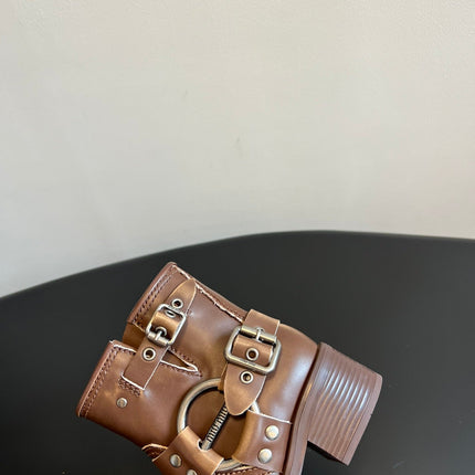 MIUMIU 26S ANKLE BOOTS IN BROWN CALFSKIN SILVER HARDWARE