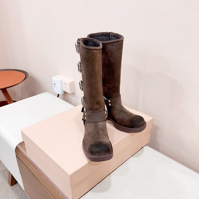 MIUMIU BUCKLED BOOTS IN DARK BROWN SUEDE