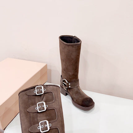 MIUMIU BUCKLED BOOTS IN DARK BROWN SUEDE