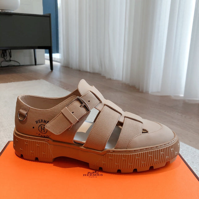 HM ITEM SANDAL ALMOND CALFSKIN AND DENIM