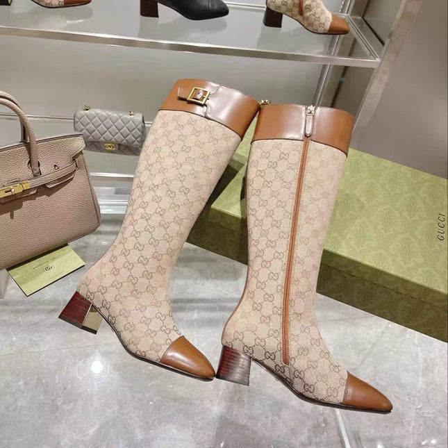 GG KNEE HIGH BOOTS IN BEIGE MIX BROWN CANVAS