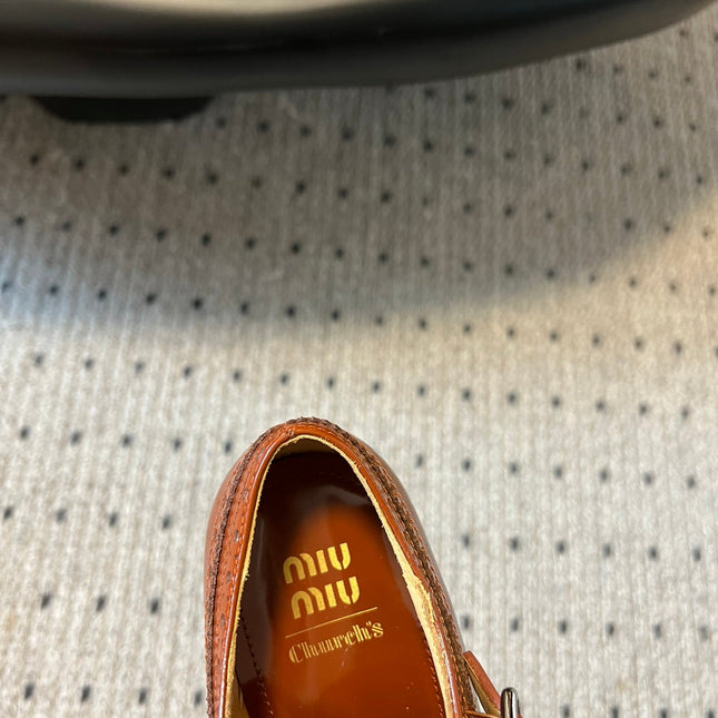 MIUMIU 26S CHURCH BROGUE MONK STRAP SHOES IN RUST ORANGE PATENT CALFSKIN
