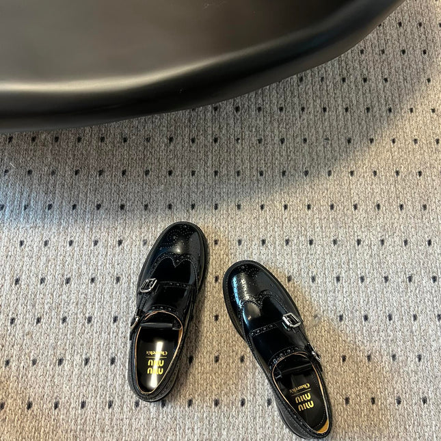 MIUMIU 26S CHURCH BROGUE MONK STRAP SHOES IN BLACK PATENT CALFSKIN