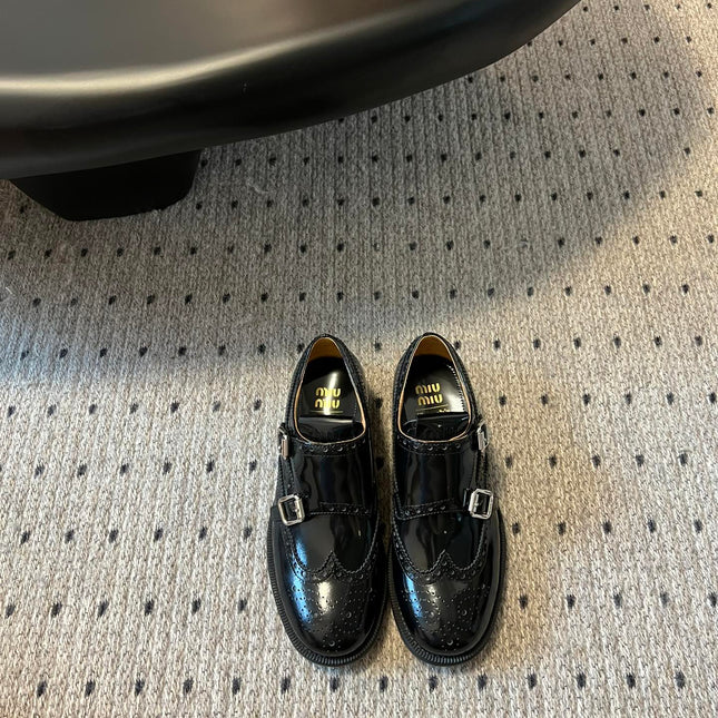 MIUMIU 26S CHURCH BROGUE MONK STRAP SHOES IN BLACK PATENT CALFSKIN