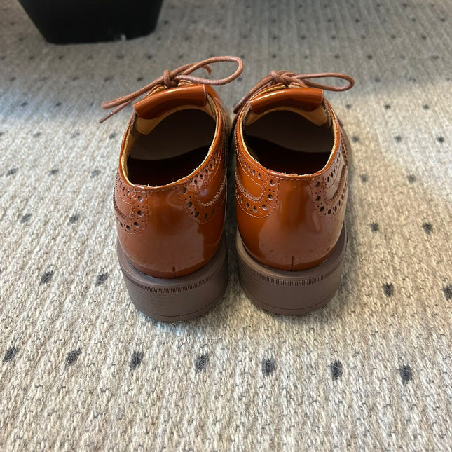 MIUMIU 26S LACE-UP BROGUE LOAFERS IN RUST ORANGE PATENT CALFSKIN