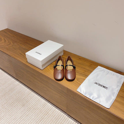 JACQUEMUS 26S MARY JANE FLATS IN BROWN CALFSKIN