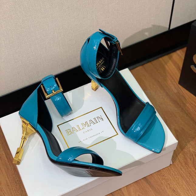 BALMAIN 26S METAL-HEEL SANDALS 105 MM IN CERULEAN BLUE CALFSKIN