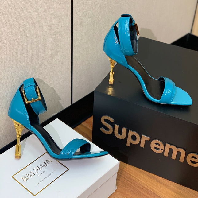 BALMAIN 26S METAL-HEEL SANDALS 105 MM IN CERULEAN BLUE CALFSKIN