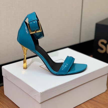 BALMAIN 26S METAL-HEEL SANDALS 105 MM IN CERULEAN BLUE CALFSKIN