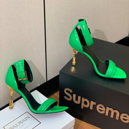 BALMAIN 26S METAL-HEEL SANDALS 105 MM IN GREEN CALFSKIN