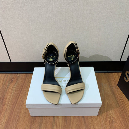BALMAIN 26S METAL-HEEL SANDALS 105 MM IN DARK BEIGE CALFSKIN