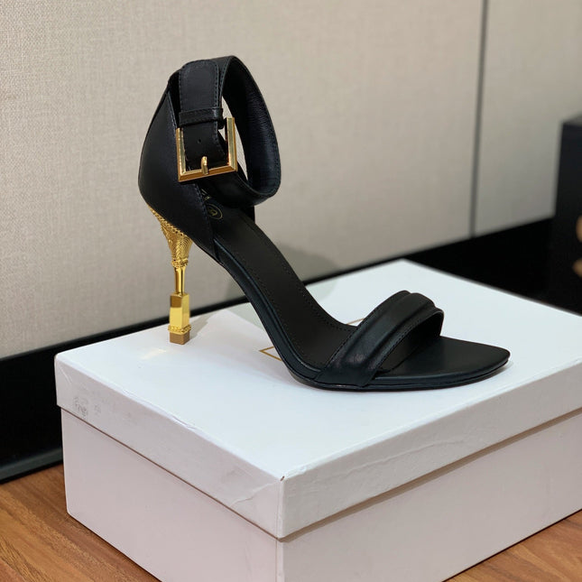 BALMAIN 26S METAL-HEEL SANDALS 105 MM IN BLACK CALFSKIN