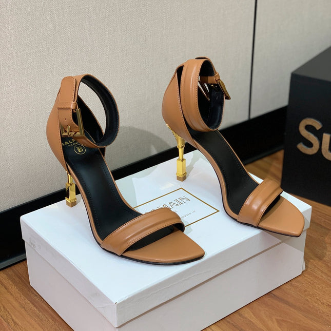 BALMAIN 26S METAL-HEEL SANDALS 105 MM IN BROWN CALFSKIN