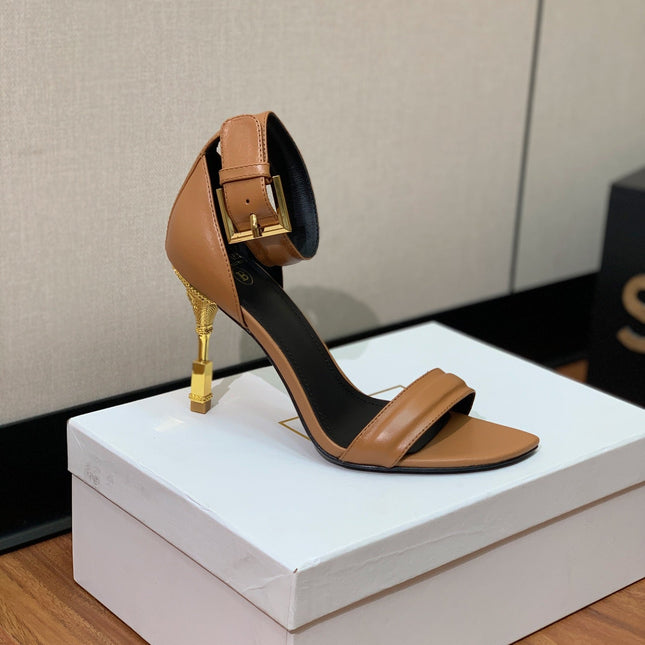 BALMAIN 26S METAL-HEEL SANDALS 105 MM IN BROWN CALFSKIN