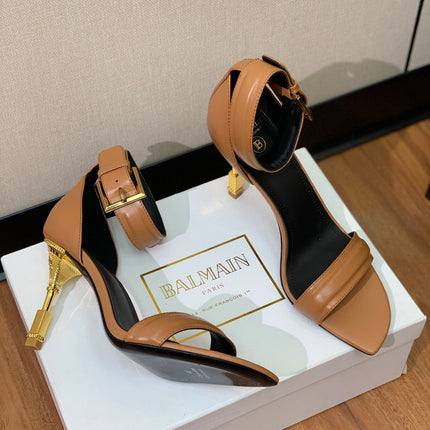 BALMAIN 26S METAL-HEEL SANDALS 105 MM IN BROWN CALFSKIN