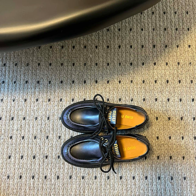 MIUMIU 26S LACED FUME SHOES IN BLACK CALFSKIN