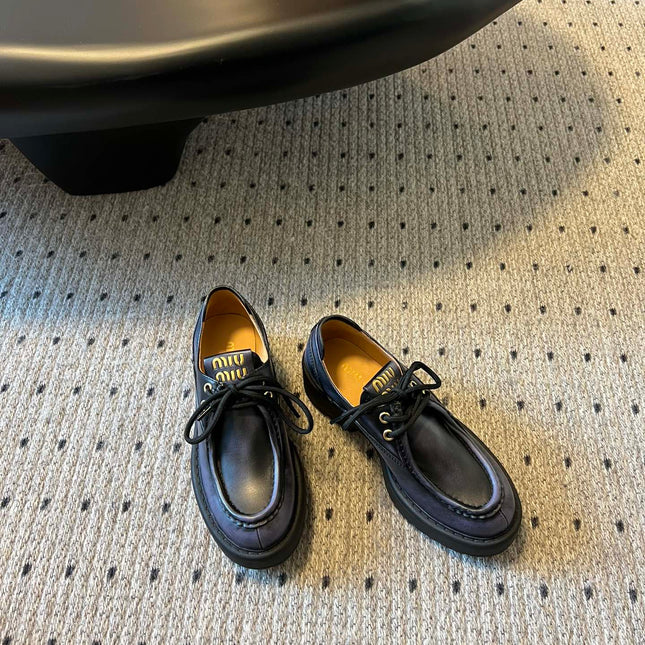 MIUMIU 26S LACED FUME SHOES IN BLACK CALFSKIN