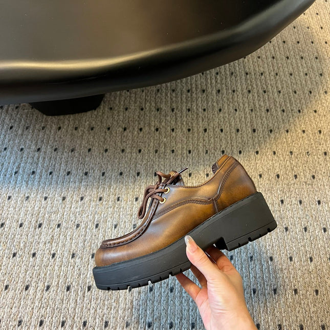 MIUMIU 26S LACED FUME SHOES IN SIENNA BROWN CALFSKIN