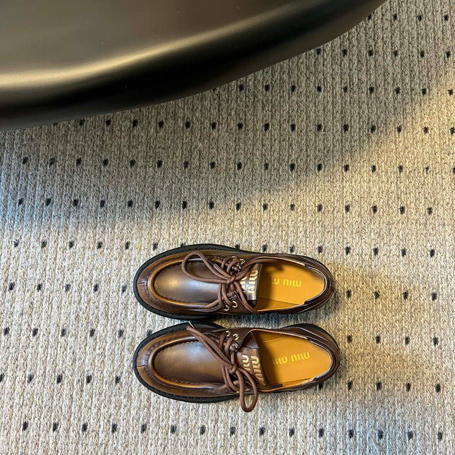 MIUMIU 26S LACED FUME SHOES IN SIENNA BROWN CALFSKIN