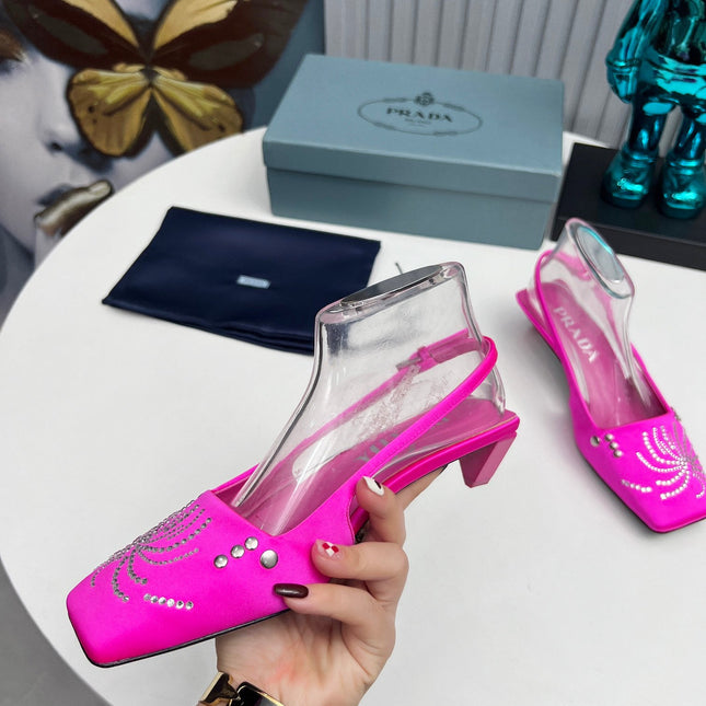 PRADA 26S SLINGBACK PUMPS 40MM IN FUCHSIA PINK SATIN CRYSTAL EMBELLISHED