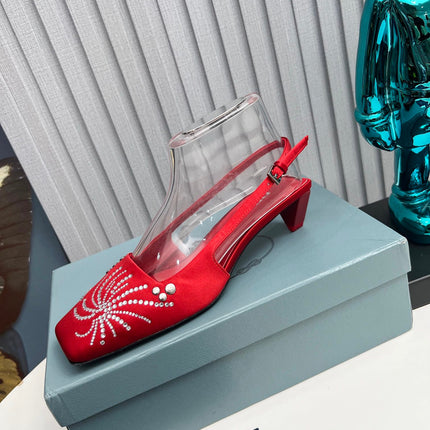 PRADA 26S SLINGBACK PUMPS 40MM IN DARK RED SATIN CRYSTAL EMBELLISHED