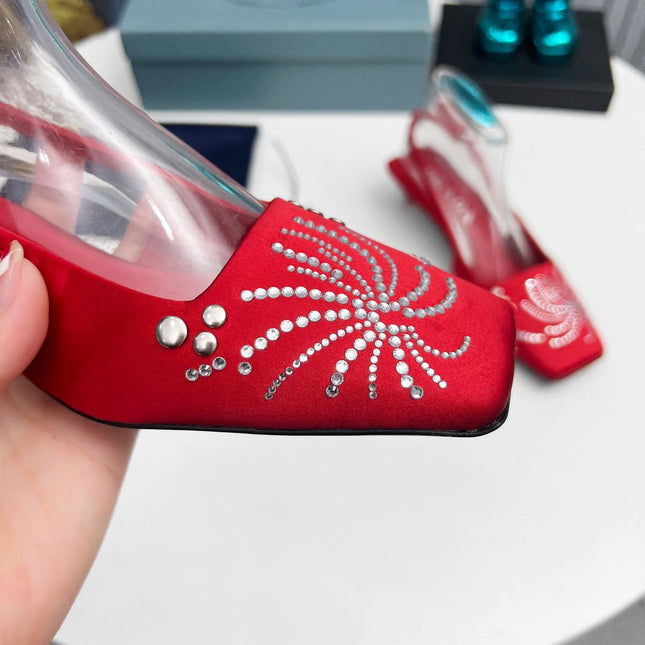 PRADA 26S SLINGBACK PUMPS 40MM IN DARK RED SATIN CRYSTAL EMBELLISHED