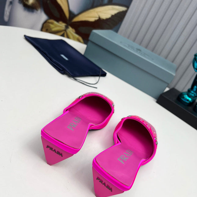 PRADA 26S MULE 40MM IN FUCHSIA PINK SATIN CRYSTAL EMBELLISHED