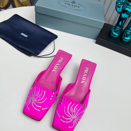 PRADA 26S MULE 40MM IN FUCHSIA PINK SATIN CRYSTAL EMBELLISHED