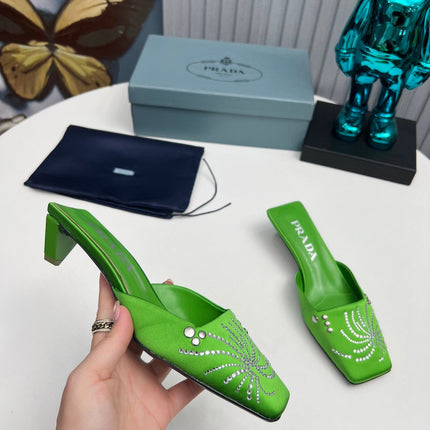 PRADA 26S MULE 40MM IN APPLE GREEN SATIN CRYSTAL EMBELLISHED