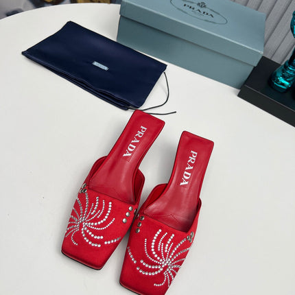 PRADA 26S MULE 40MM IN DARK RED SATIN CRYSTAL EMBELLISHED