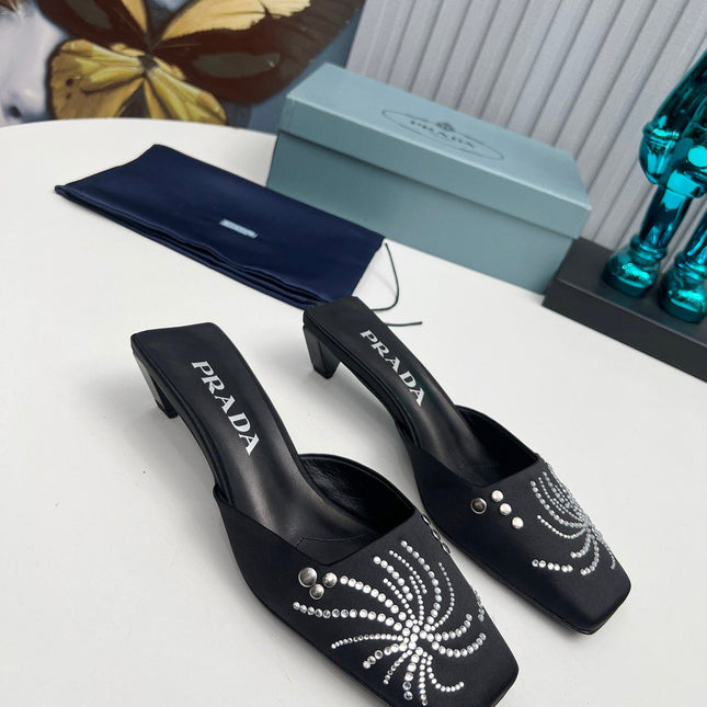 PRADA 26S MULE 40MM IN BLACK SATIN CRYSTAL EMBELLISHED