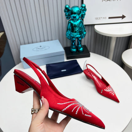PRADA 26S POINTED TOE SLINGBACK 40MM IN DARK RED SATIN CRYSTAL EMBELLISHED